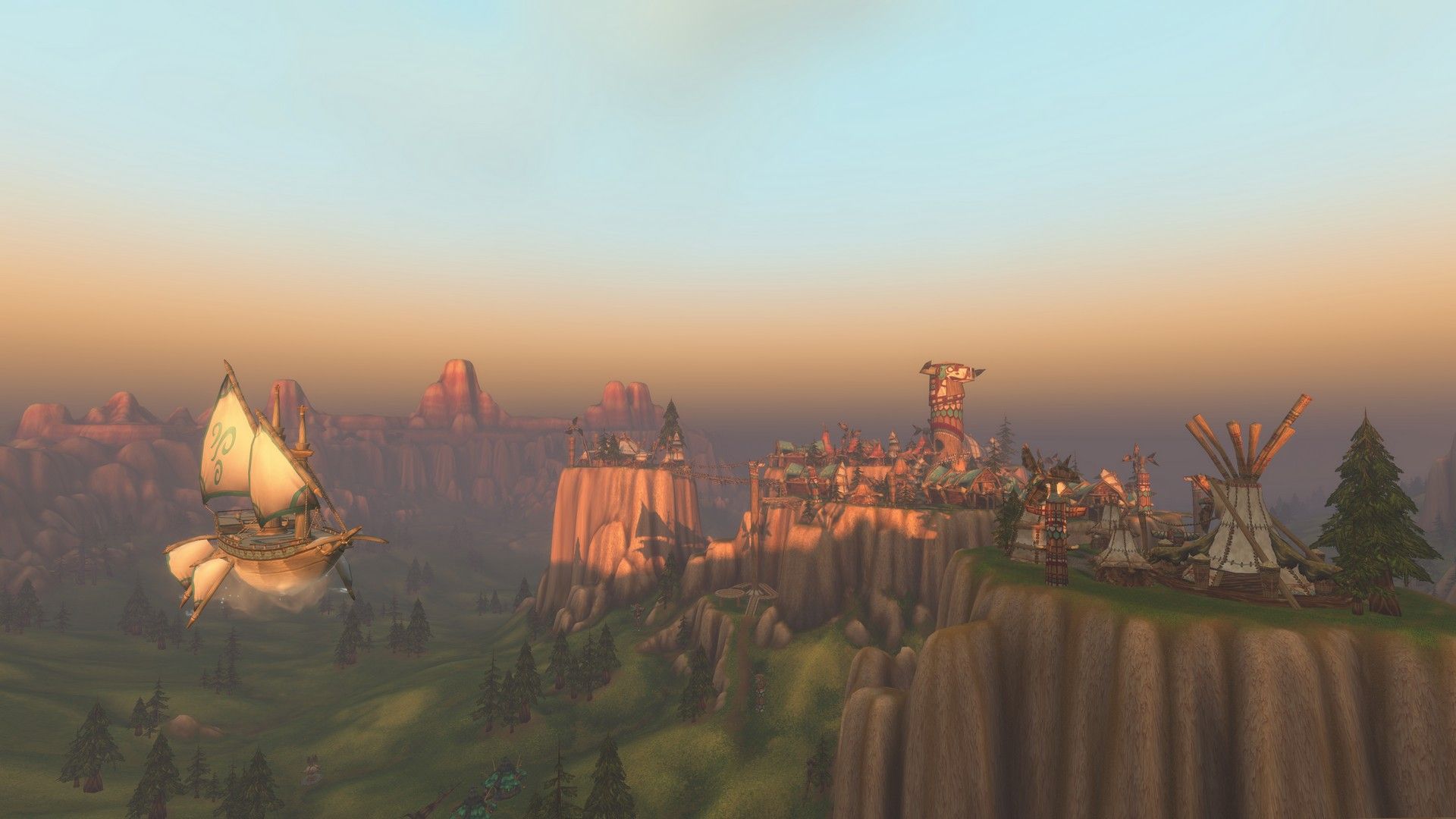 An airship flies by Mulgore's plateaus in World of Warcraft: Forever, within Camelot
