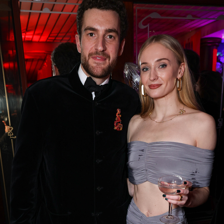 Sophie Turner and Peregrine Pearson seen attending Margot Robbie's launch party for her new Gin brand "Papa Salt" at Roof Gardens on July 10, 2024 in London, England.