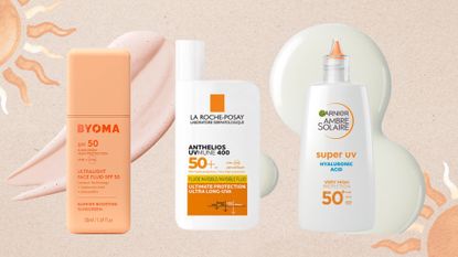 Lineup of three of the best sunscreens for sensitive skin (L-R) from Byoma, La Roche-Posay and Garnier, on a beige background with swatches and sun details