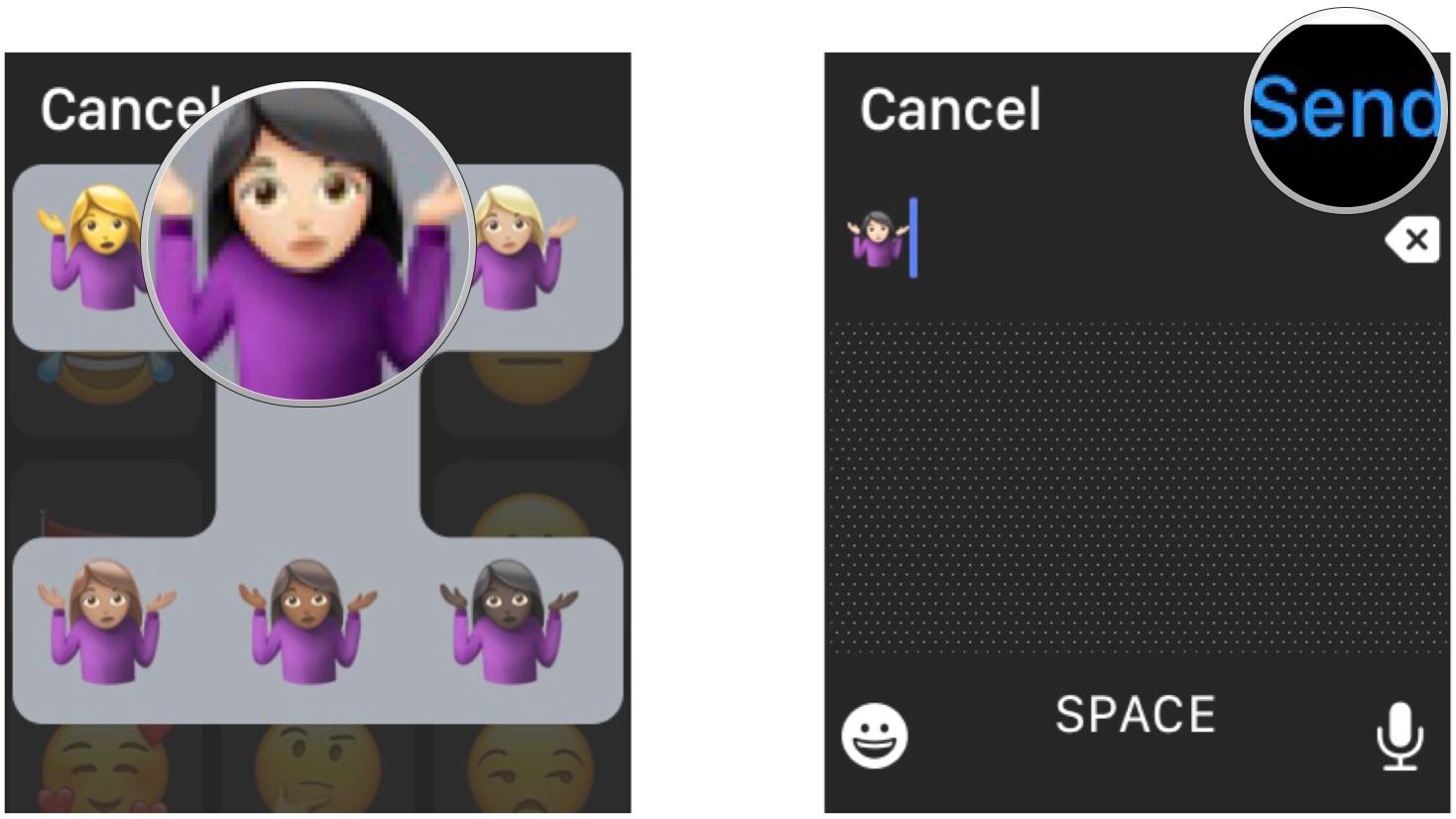 Send emoji on Apple Watch: Select skin tone for emoji if applicable, then finish the rest of your message, then tap Send