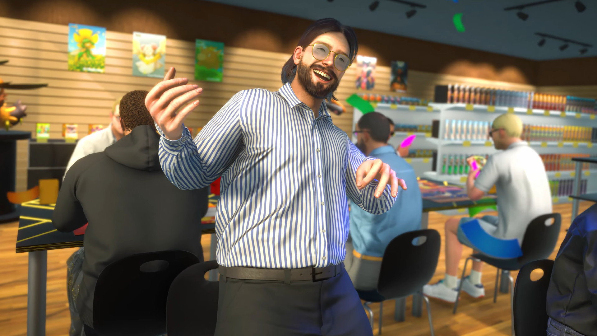 A man plays air guitar in TCG Card Shop Simulator