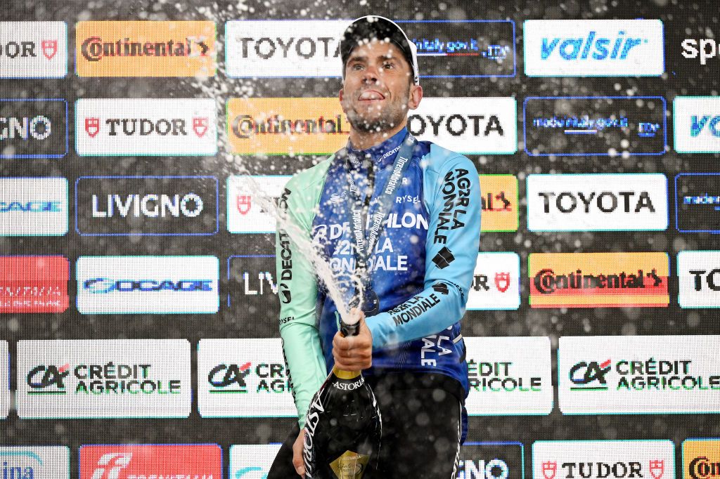 COLFIORITO ITALY MARCH 12 Andrea Vendrame of Italy and Decathlon Ag2R La Mondiale Team celebrates at podium as stage winner during to the 60th TirrenoAdriatico 2025 Stage 3 a 239km stage from Follonica to Colfiorito UCIWT on March 12 2025 in Colfiorito Italy Photo by Tim de WaeleGetty Images