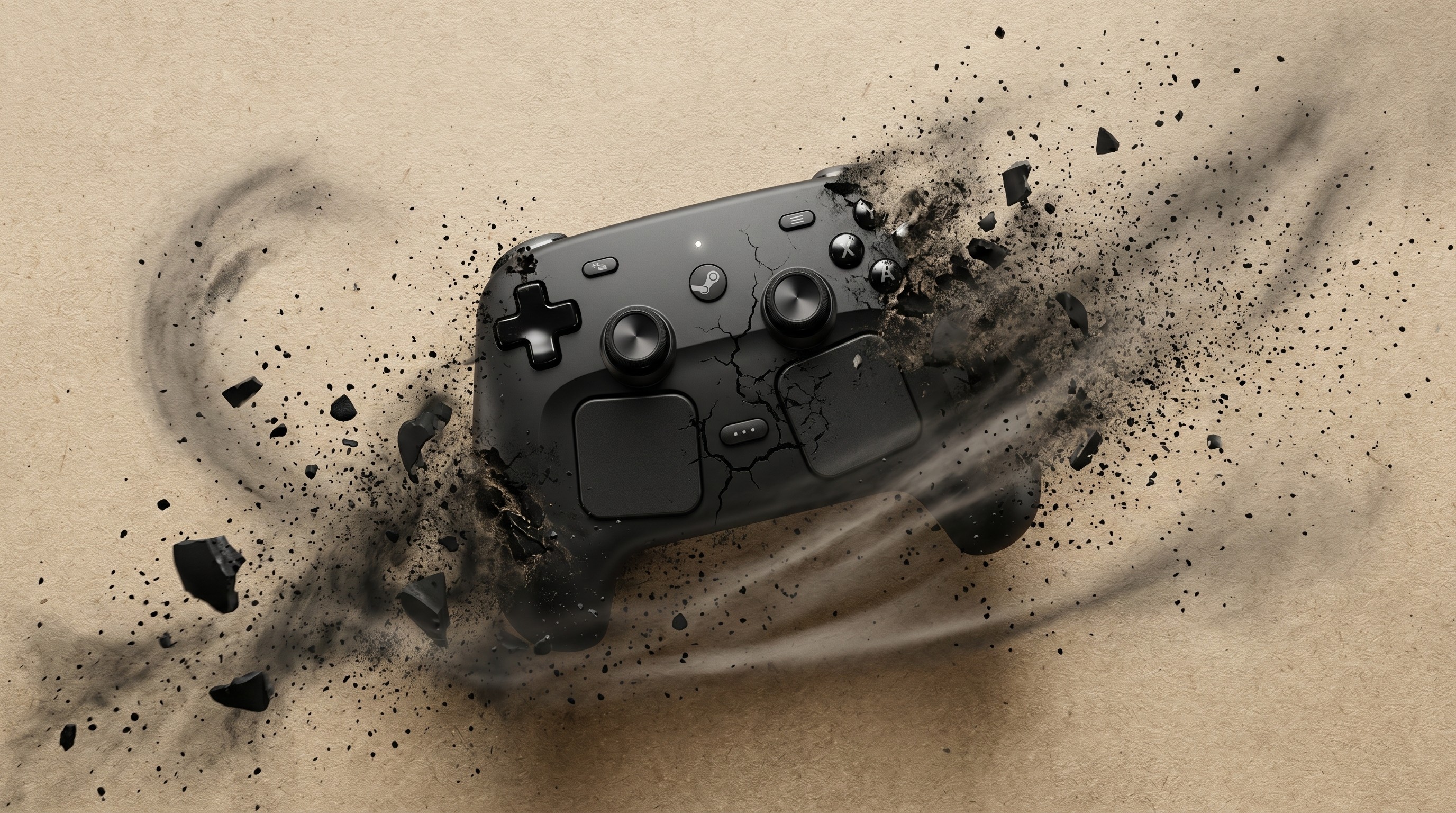 A black gaming controller shatters dramatically against a beige background, surrounded by swirling debris, conveying motion and intensity.