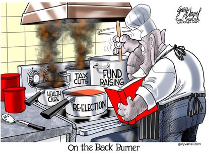 Political cartoon U.S. GOP agenda healthcare tax cuts back burner