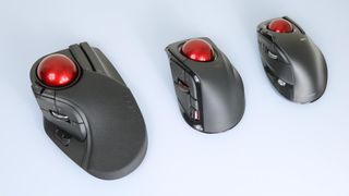 A picture showing three different models of index finger-operated trackball mice from Elecom