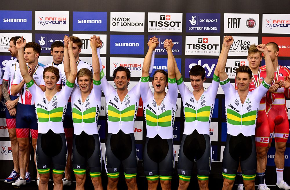 Australia celebrates its team pursuit gold