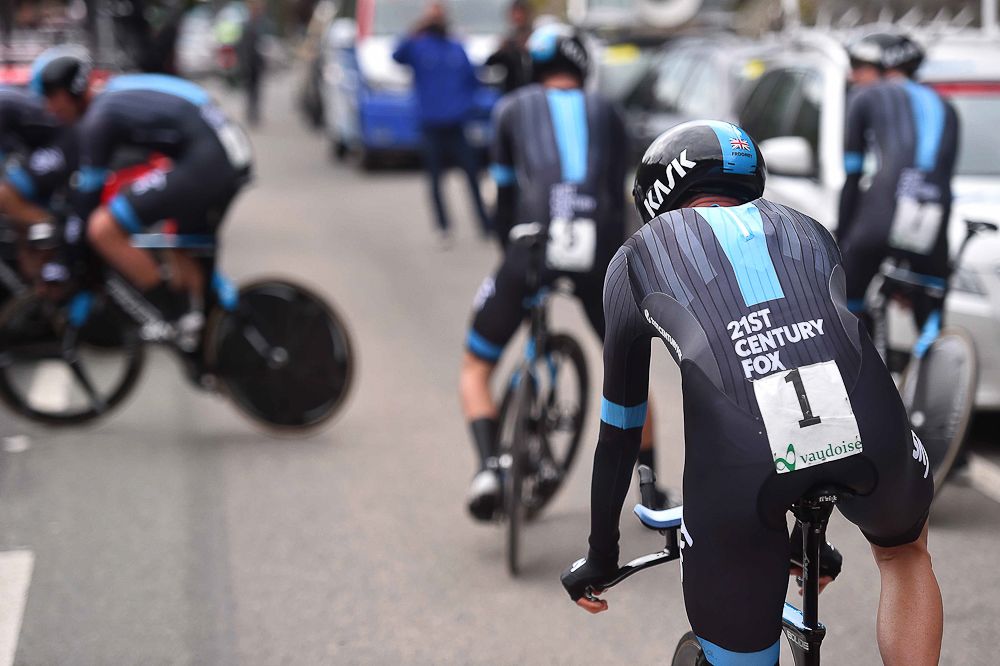 Team Sky riders just past the finish line.