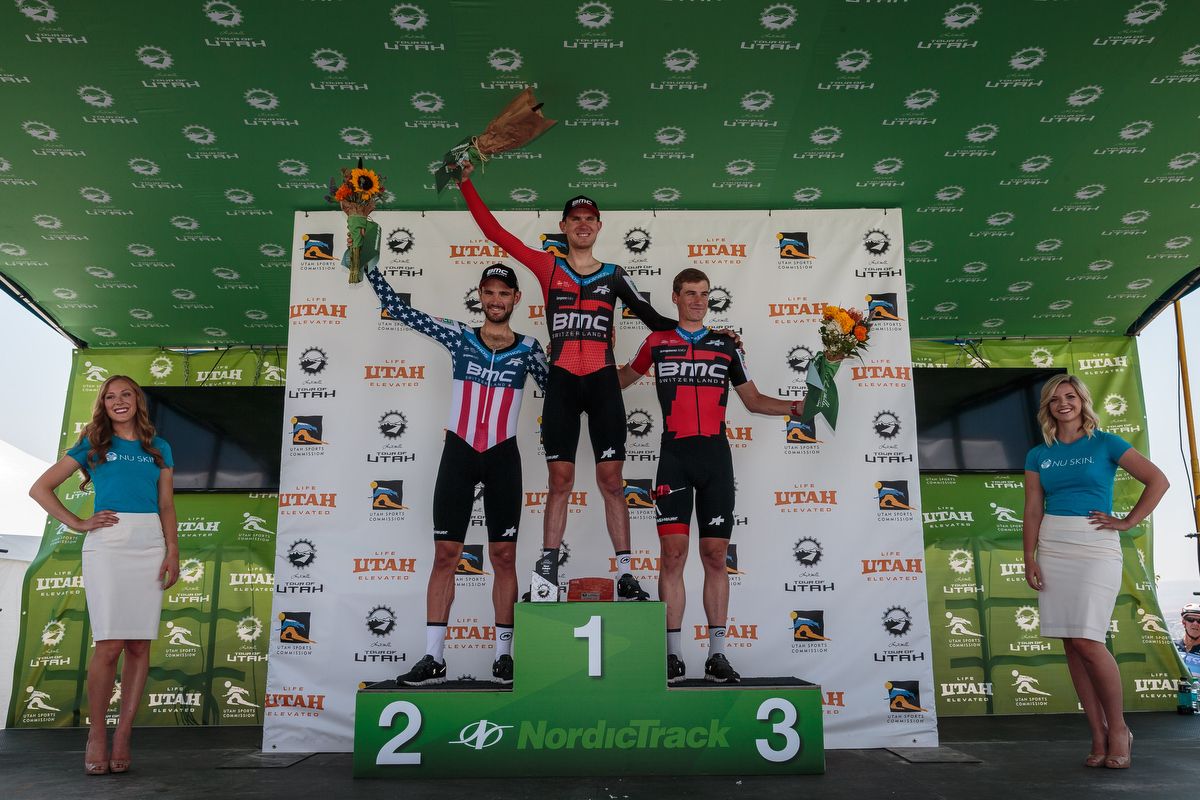Joey Rosskopf, Tejay van Garderen and Tom Bohli on the stage podium