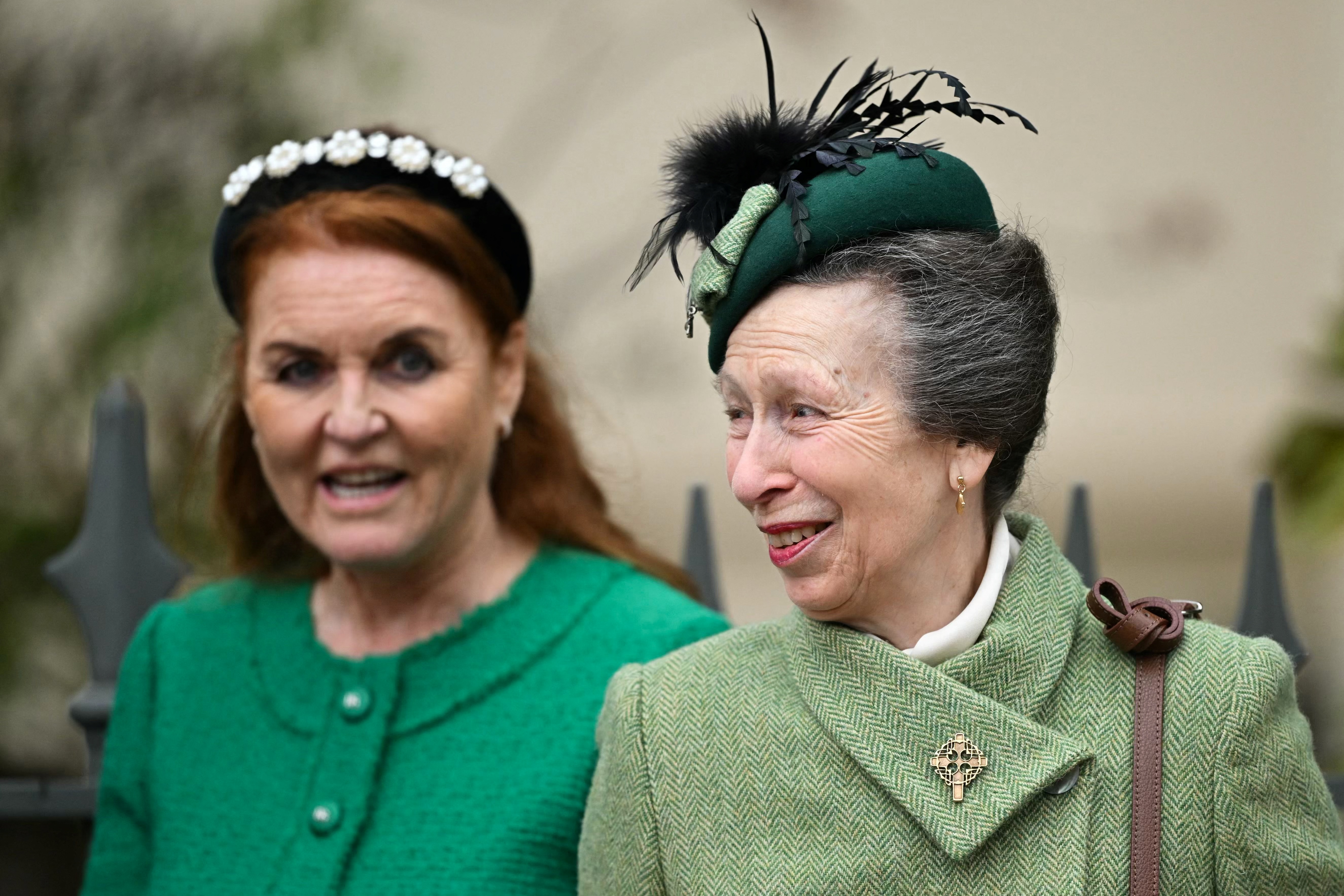 Sarah Ferguson and Princess Anne in green coats