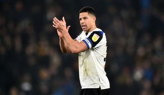 Curtis Davies of Derby County acknowledges the fans after the Sky Bet Championship match between Derby County and West Bromwich Albion at Pride Park Stadium on December 27, 2021 in Derby, England. (Photo by Nathan Stirk/Getty Images)