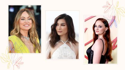 A selection of celebrities wearing fall hair colors, including Olivia Wilde, Gemma Chan and Sophie Turner