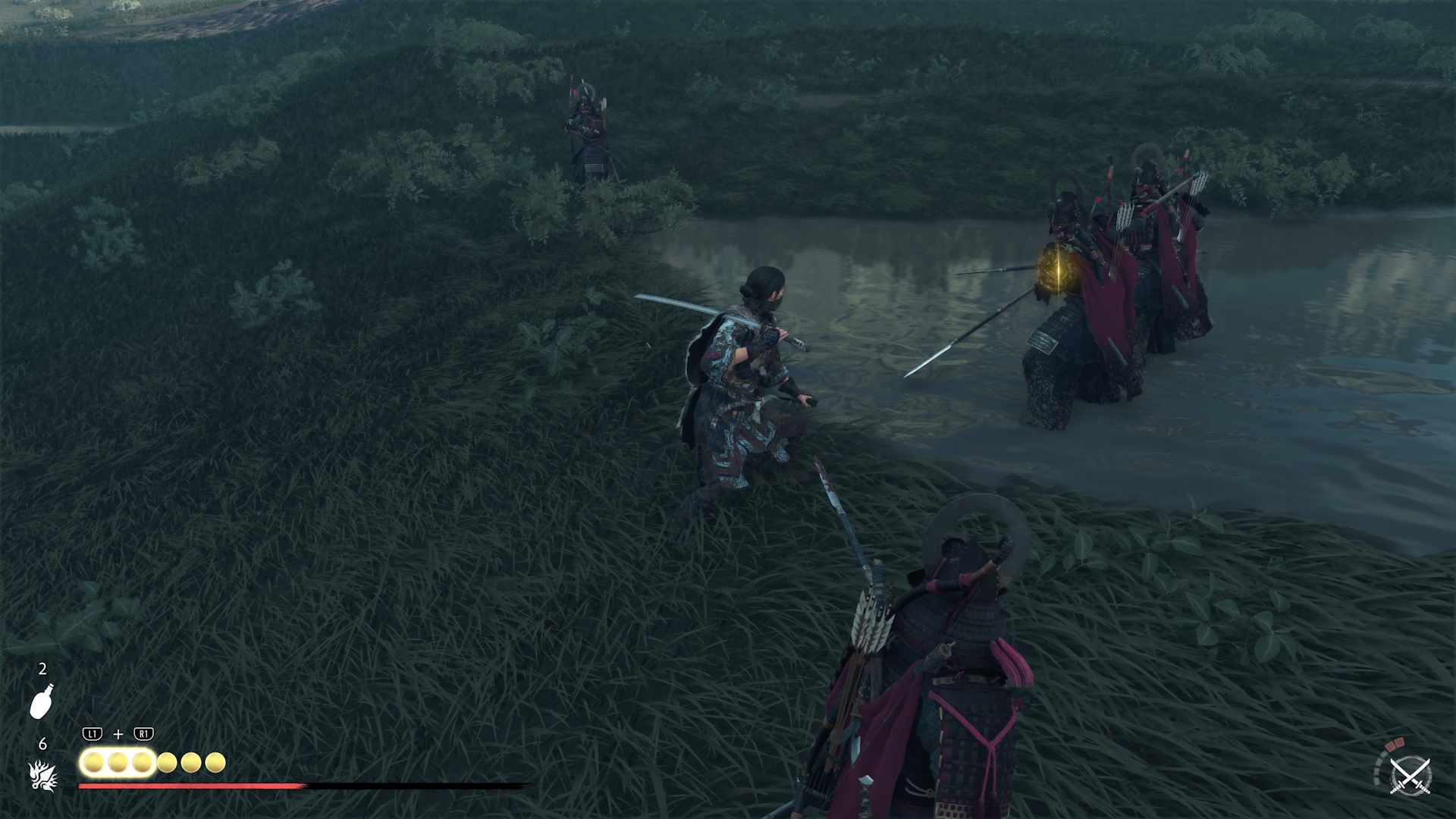 Ghost of Yotei screenshot showing a yellow glint on an enemy polearm
