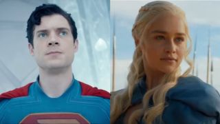 David Corenswet looking up in Superman/ Emilia Clarke in front of an army in Game of Thrones