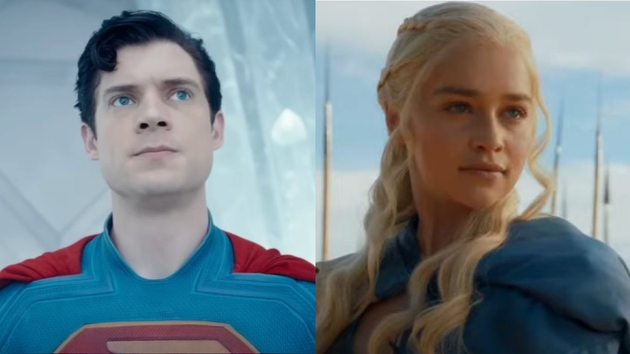 David Corenswet looking up in Superman/ Emilia Clarke in front of an army in Game of Thrones