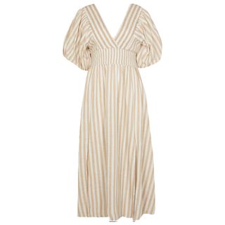 Linen striped dress in beige with deep v-neck front and back and flared short sleeve