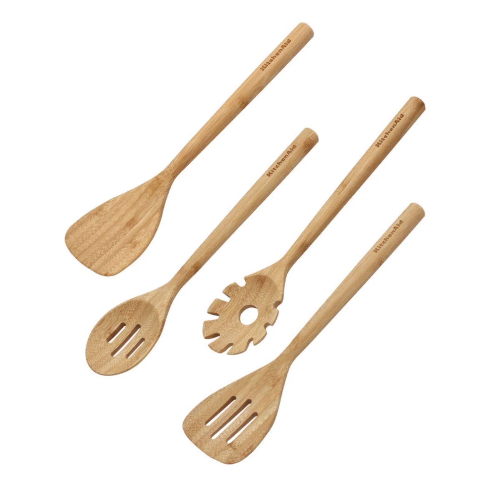 A set of wooden kitchen utensils including a spoon, slotted spoon, pasta spoon, and spatula