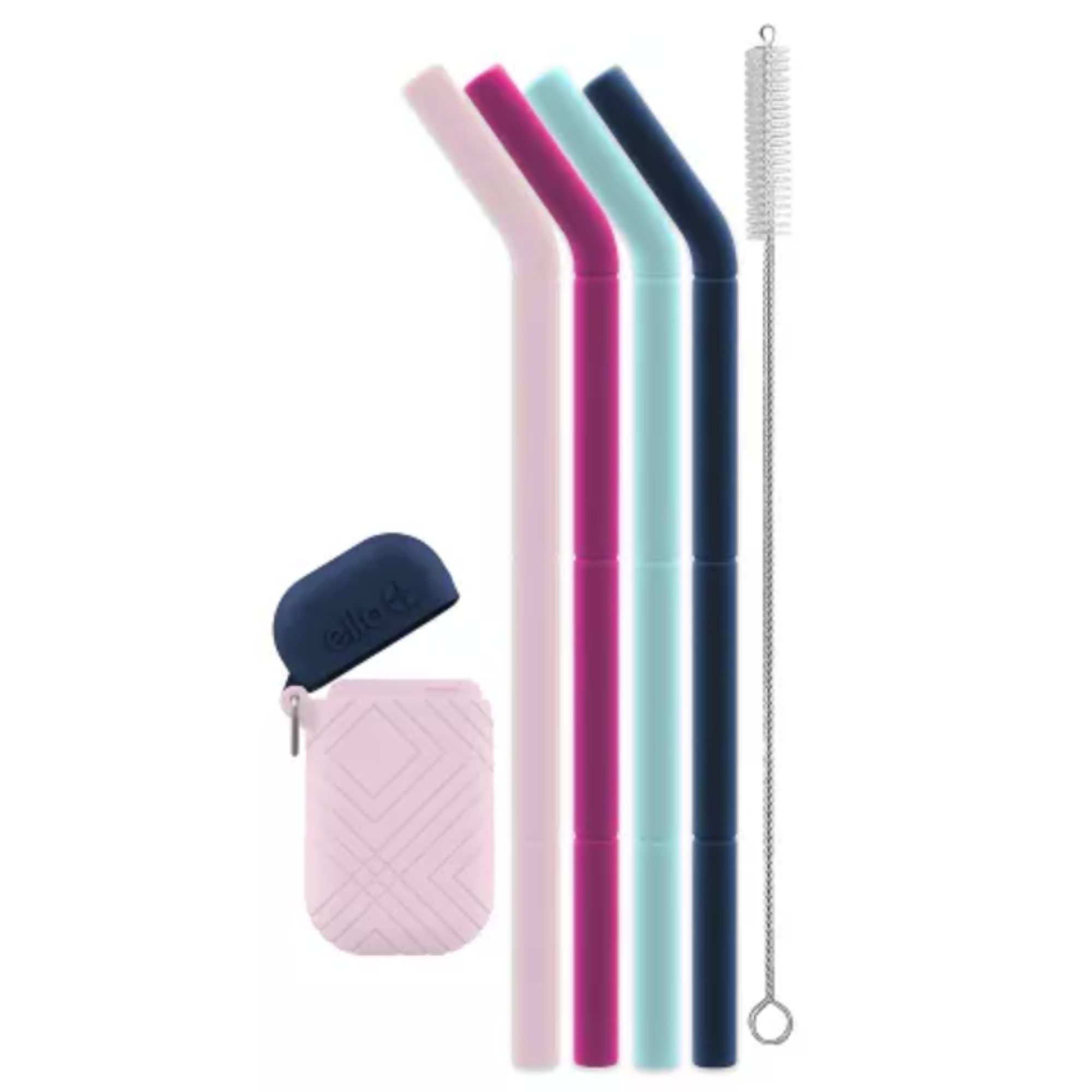 set of colorful reusable straws and carry case with cleaning brush