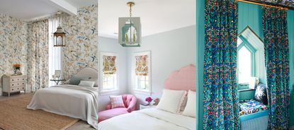 Bedroom window treatment ideas. Bedroom with matching wallpaper and curtains. Bright blue painted bedroom with window nook, floral curtains. Light and bright bedroom with two windows with patterned blinds