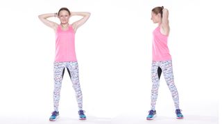 Woman demonstrates two positions of the standing torso rotation