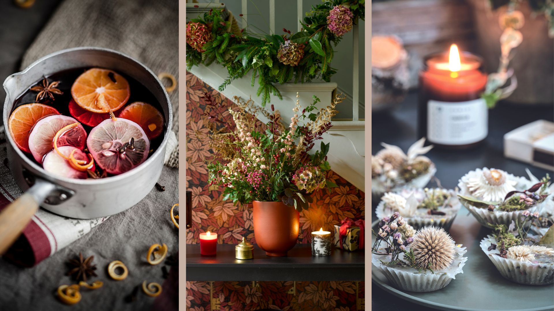 compilation image of a saucepan cooking festive ingredients, a hallway console with flowers and candles then homemade firelighters to show how to make your house smell good