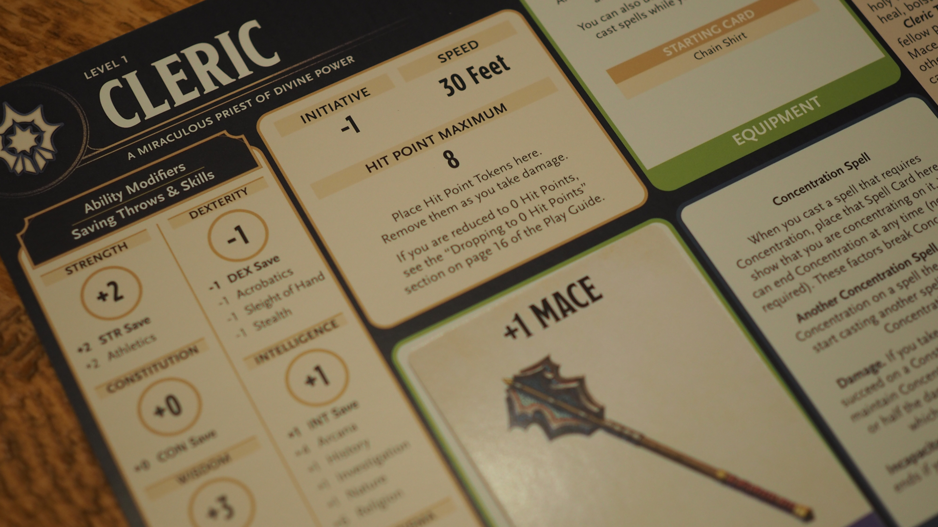 A cleric class sheet on a wooden table