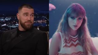 From left to right: screenshots of Travis Kelce on The Tonight Show and Taylor Swift in the Lavender Haze music video.