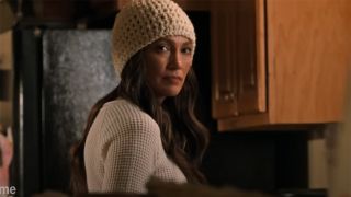 Jennifer Lopez in a scene from 2024 movie Unstoppable standing in the kitchen. 