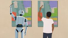 Illustration of a humanoid robot painting the same artwork as a man.