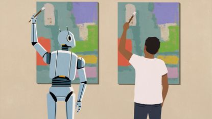 Illustration of a humanoid robot painting the same artwork as a man.