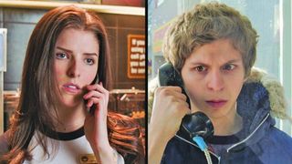 (L, R) Anna Kendrick as Stacey Pilgrim and Michael Cera as Scott Pilgrim talking on the phone in Scott Pilgrim vs. the World