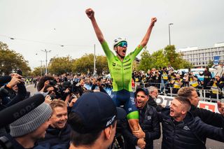 Picture by Timon BachmannSWpixcom 29092024 2024 UCI Road and Paracycling Road World Championships Zurich Switzerland Men Elite Road Race Podium Tadej Pogaar Slovenia celebrates his win