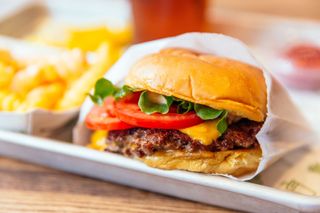 A close up of a cheeseburger