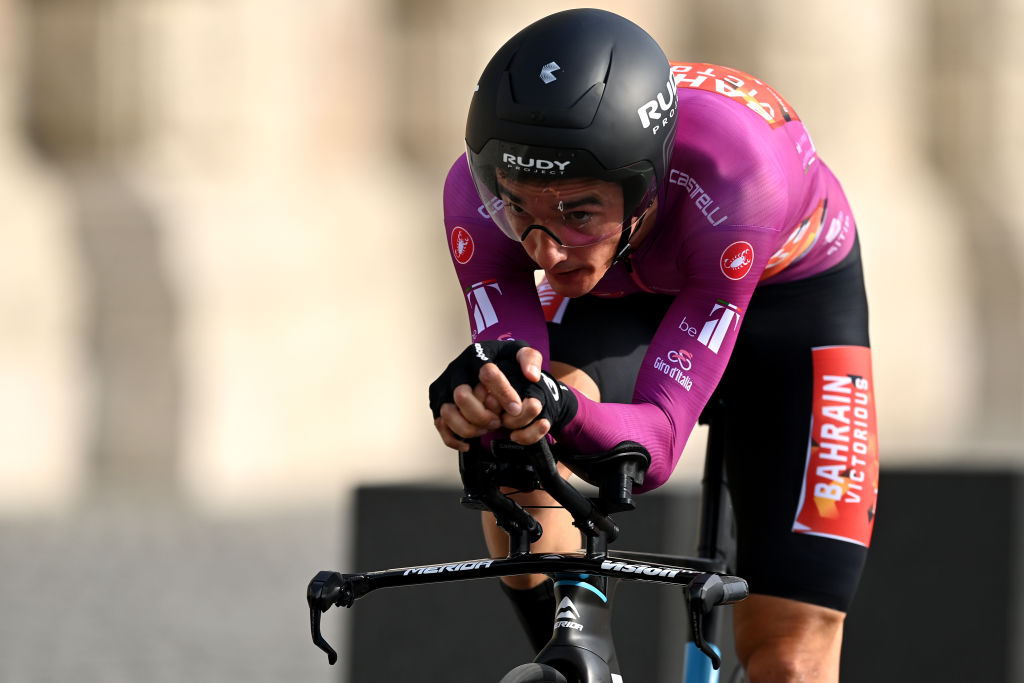 BUDAPEST HUNGARY  MAY 07 Pello Bilbao Lpez De Armentia of Spain and Team Bahrain Victorious purple points jersey sprints during the 105th Giro dItalia 2022 Stage 2 a 92km individual time trial stage from Budapest to Budapest  ITT  Giro  WorldTour  on May 07 2022 in Budapest Hungary Photo by Stuart FranklinGetty Images
