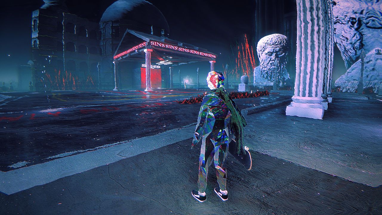 Skate Story standing looking over vaporwave field