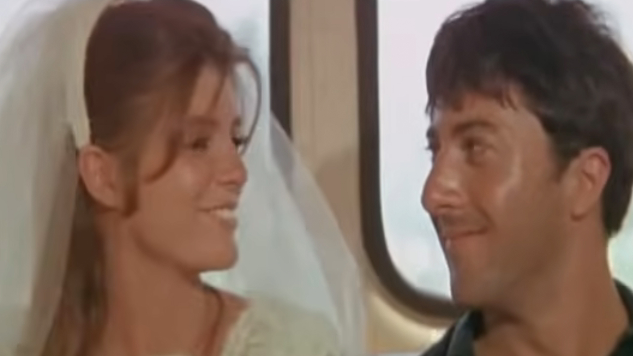 Katharine Ross in a wedding gown smiling at Dustin Hoffman and the end of The Graduate