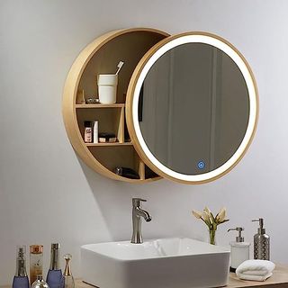 Wooden framed, backlit mirror with storage option
