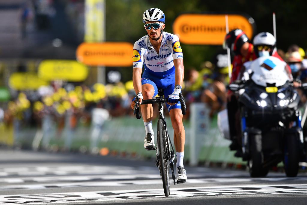 SARRAN CORRZE FRANCE SEPTEMBER 10 Arrival Julian Alaphilippe of France and Team Deceuninck QuickStep during the 107th Tour de France 2020 Stage 12 a 218km stage from Chauvigny to Sarran Corrze 658m TDF2020 LeTour on September 10 2020 in Sarran Corrze France Photo by Stuart FranklinGetty Images