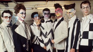 L-R: Mike Chunn, Eddie Rayner, Malcolm Green, Phil Judd, Tim Finn, Noel Crombie and Robert Gillies of Split Enz pose for a group portrait in 1976 in Amsterdam, Netherlands. (Photo by Gijsbert Hanekroot/Redferns)