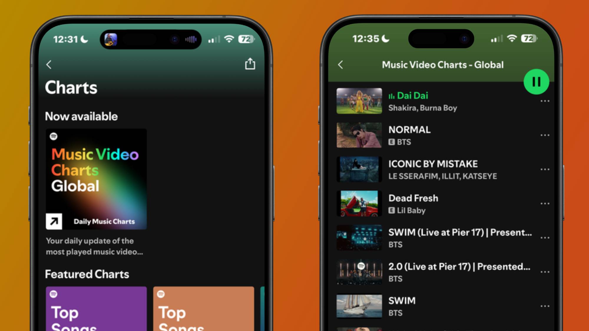 Two smartphones showing the new Music Videos Charts Global in Spotify