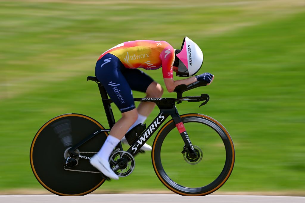 ABTWILL SWITZERLAND JUNE 18 Demi Vollering of The Netherlands and Team SD Worx sprints during the 3rd Tour de Suisse Women 2023 Stage 2 a 257km individual time trial from St Gallen to Abtwil UCIWWT on June 18 2023 in Abtwil Switzerland Photo by Dario BelingheriGetty Images