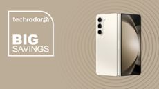 Samsung Galaxy Z Fold 5 on sandy background with big savings text overlay