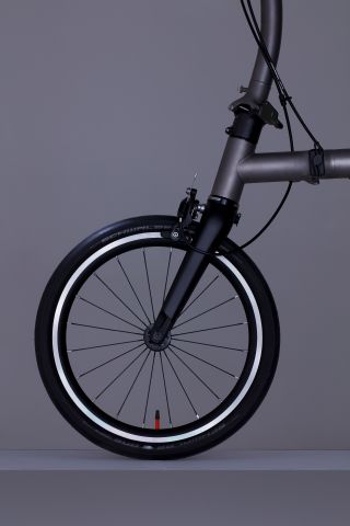 Detail of new Brompton titanium folding bike