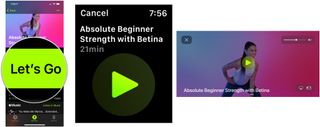 To start Fitness+ on your Apple Watch, find a training session on Fitness+ on your supported device. Choose Let's Go. On your Apple Watch, tap the Go button on Apple Watch.
