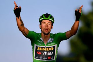 ALTODEMONCALVILLO SPAIN OCTOBER 28 Arrival Primoz Roglic of Slovenia and Team Jumbo Visma Green Points Jersey Celebration during the 75th Tour of Spain 2020 Stage 8 a 164km stage from Logroo to Alto de Moncalvillo 1490m lavuelta LaVuelta20 on October 28 2020 in Alto de Moncalvillo Spain Photo by Justin SetterfieldGetty Images