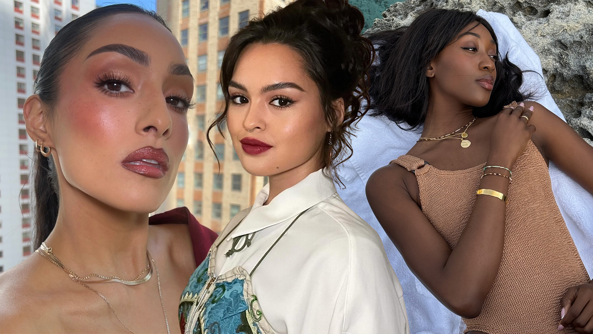 Collage of women wearing berry-inspired makeup looks.