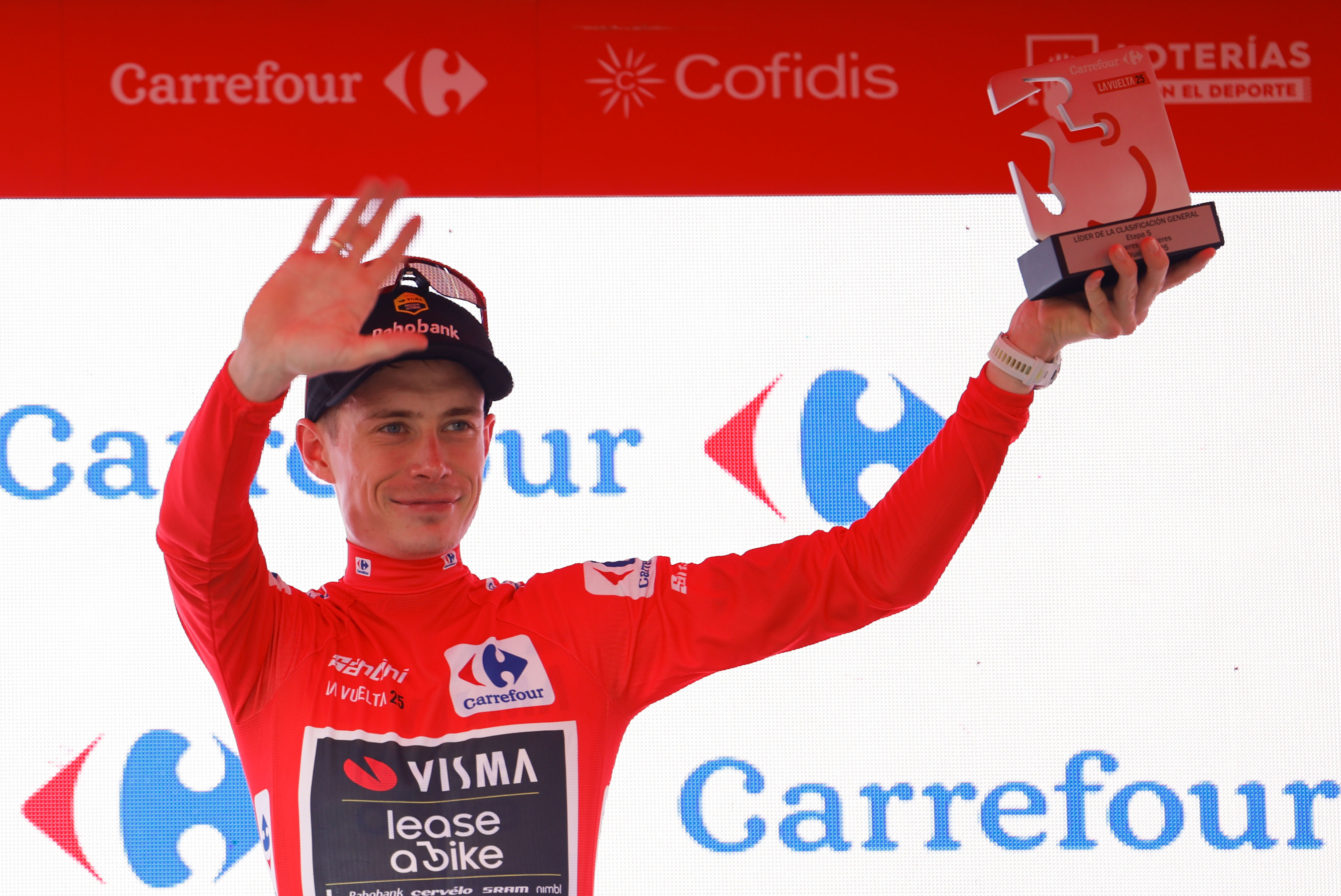 Mandatory Credit: Photo by Javier Lizon/EPA/Shutterstock (15458746au)
Danish rider Jonas Vingegaard of Team Visma-Lease a Bike team wears the overall leader red jersey on the podium following the fifth stage of the La Vuelta a Espana cycling race, a 24.1 km team time trial in Figueres, Girona, Spain, 27 August 2025.
La Vuelta a Espana cycling race - Stage 5, Figueres Girona, Spain - 27 Aug 2025