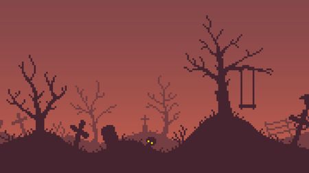 8bit pixel art illustration of spooky halloween cemeter