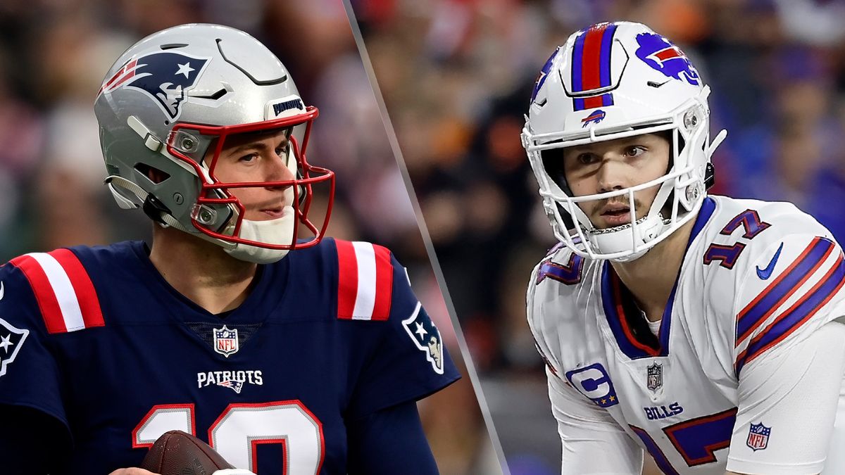 (L, R) Mac Jones and Josh Allen will face off in the Patriots vs Bills live stream