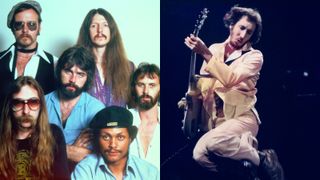 LEFT: 1976: (Clockwise from bottom left) Jeff "Skunk" Baxter, John Hartman, Patrick Simmons, Keith Knudsen, Tiran Porter and Michael McDonald (center) of the rock and roll band "The Doobie Brothers" pose for a portrait in 1976. RIGHT: Pete Townshend performs with The Who at the Omni Coliseum on November 24, 1975 in Atlanta, Georgia.