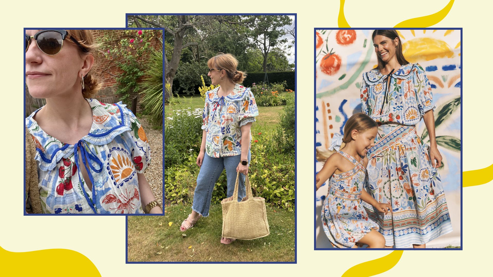 two shots of matilda and a model shot wearing the monsoon printed blouse